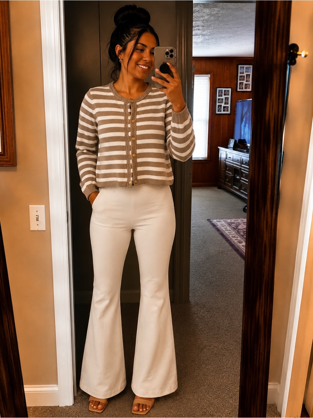 J. Crew Striped Cream and Taupe Cropped Cardigan